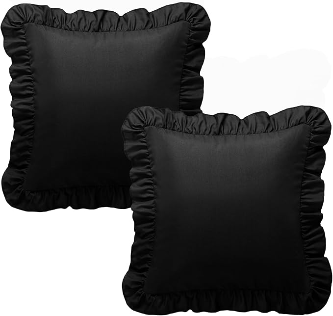 KKJIAF 2 Pack Ruffle Pillow Cases 18x18 Inches, Black | Square Ruffled Pillow Covers, Microfiber Wrinkle Resistant Pillow Shams with Envelope Closure for Sofa Bed Living Room