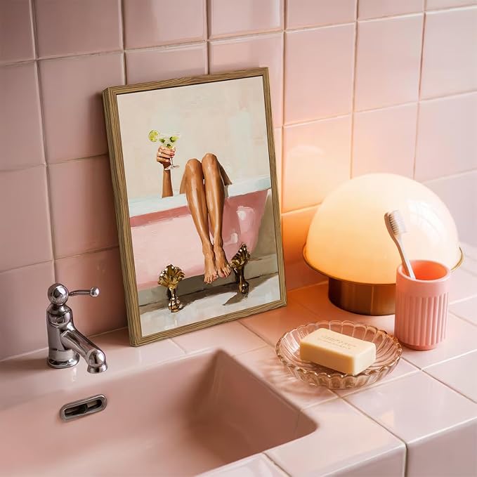 Funny Girl Bathroom Wall Art Pink Cute Girly Bathtub Wall Decor Picture, Trendy Girl Bathroom Martini Cocktail Poster Canvas Print Painting Minimalist Cute Woman Artwork 16x24 inch Wood Framed