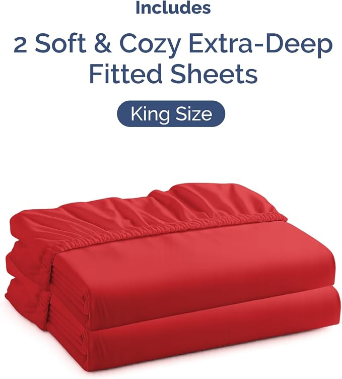 2 Pack Extra Deep King Fitted Sheets with Extra Deep Pockets - Red | Hotel Luxury Bottom Fitted Sheets Only, Soft, Fade & Wrinkle Free, Breathable & Comfy, All Around Elastic Fitted Sheets