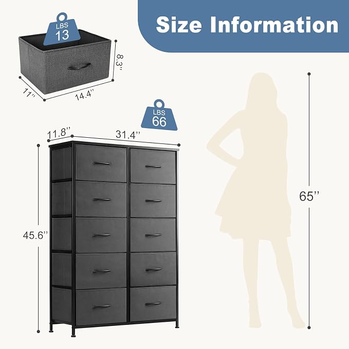 DUMOS 10 Drawer Dresser for Bedroom, Storage Organizer Chest of Drawers | Wide Fabric Closet Organizer Tower Furniture with Wooden Top Metal Frame, Dorm, Grey