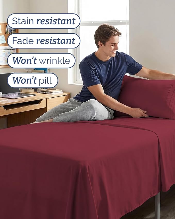 Twin XL 3 Piece Sheet Set - College Dorm Room Essentials - Burgundy | Deep Pocket Bed Sheets for Women, Men, Teens & Students, Soft, Cooling, Breathable & Wrinkle Free, Oeko-Tex Bed Sheet Set