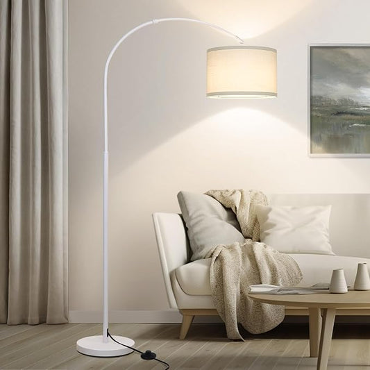 Arc Floor Lamp, White Standing Light with Adjustable Head and Pedal Switch | Modern Over Couch Arched Reading Light, Tall Pole Lamp for Study Bedroom Living room Office