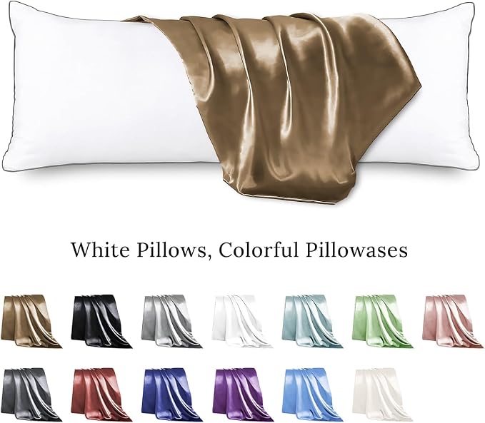 Body Pillow with Satin Pillowcase, Body Pillow for Adults, Brown | 20"x54", Removable Cover, OEKO-TEX Certified Down Alternative Filling,Washing Machine
