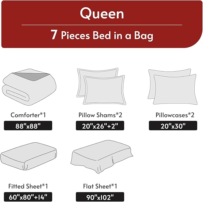 7 Pieces Queen Comforter Set, Reversible Bed in a Bag Queen Size, All Season Bedding Set with Comforter, Flat Sheet, Fitted Sheet, Pillowcases & Shams, Hot Pink & Baby Pink