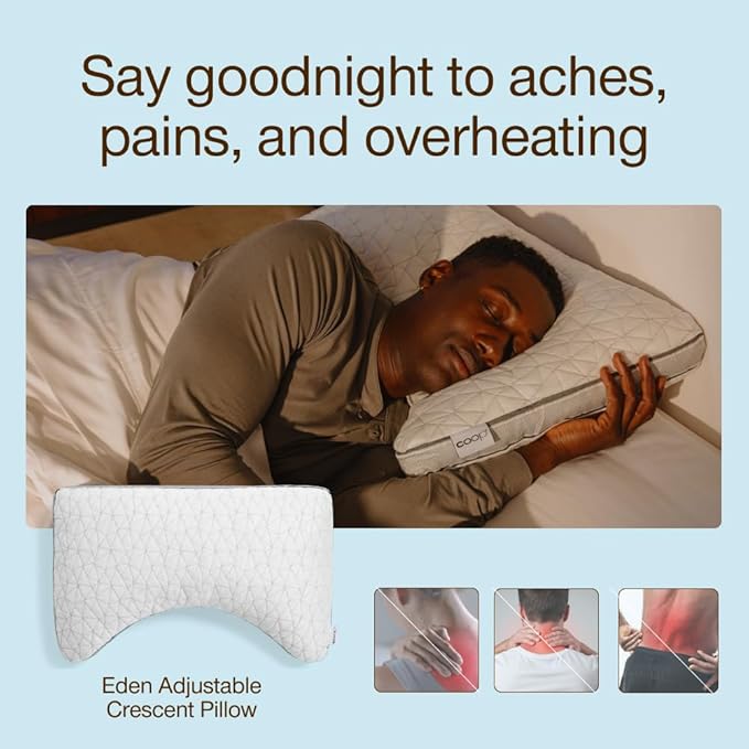 Coop Home Goods Eden Crescent Bed Pillow for Side & Back Sleepers, Queen Size, Adjustable Medium Soft Memory Foam Pillow with Cooling Gel & Ergonomic Crescent Shape, CertiPUR-US/GREENGUARD Gold