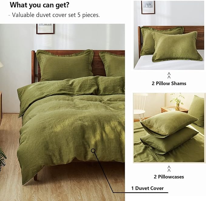 Simple&Opulence 100% Washed Linen Duvet Cover Set 5pcs(1 Duvet Cover& 2 Shams& 2 Pillowcases) Basic Style Natural French Flax Soft Breathable Farmhouse Bedding (King, Olive Green)