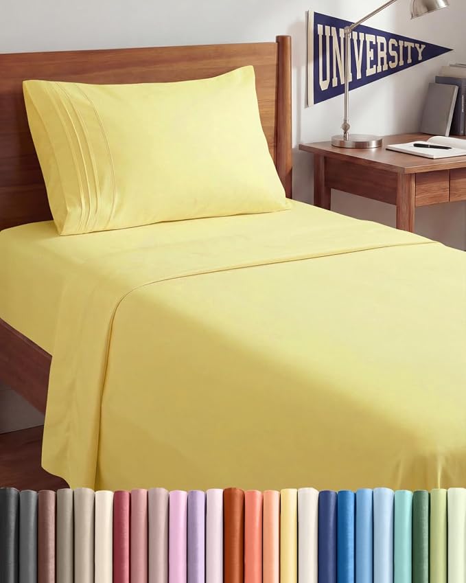 Twin XL 3 Piece Sheet Set - College Dorm Room Essentials - Yellow | Deep Pocket Bed Sheets for Women, Men, Teens & Students, Soft, Cooling, Breathable & Wrinkle Free, Oeko-Tex Bed Sheet Set