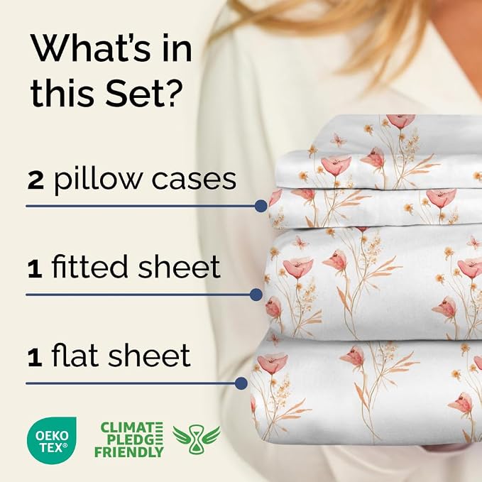 King 4 Piece Floral Sheet Set - Soft, Breathable & Cooling - Wildflower | 1 Flat, 1 Fitted & 2 Pillowcases w/ Deep Pockets, Boho Botanical Floral Bedding, Breathable & Cooling, Wrinkle & Fade Free