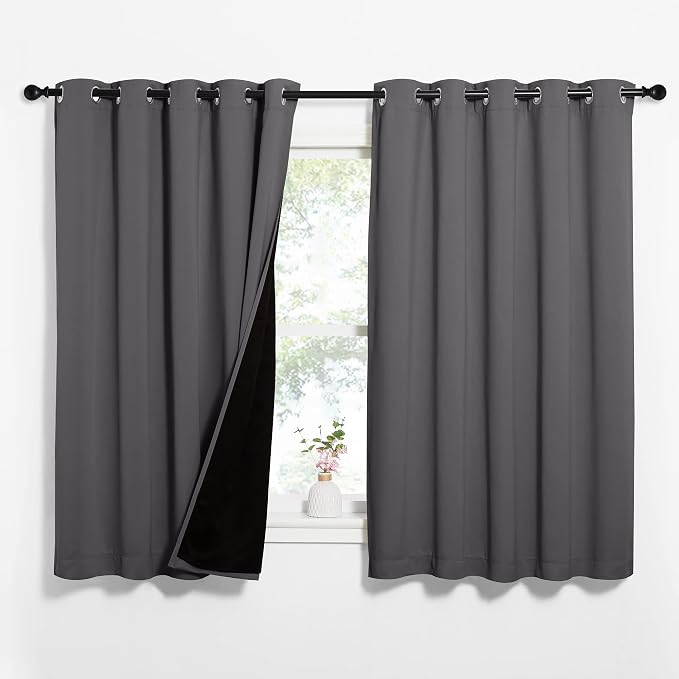 NICETOWN 100% Blackout Curtains with Black Liners, Thermal Insulated Full Blackout 2-Layer Lined Drapes, Energy Efficiency Window Draperies for Bedroom (Grey, 2 Panels, 62-inch W by 63-inch L) | 100% Room Darkening with Black Liners Thermal Insulated F...