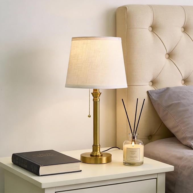19.5" Small Table Lamp for Bedroom, Modern Brass Gold Lamp, USB A+C | Pull Chain Switch Bedside Table Lamps, White Shade, Small Nightstand Lamps for Living Room End Table & Desk Light