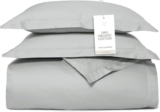 BOLL & BRANCH Signature Hemmed Duvet Set, King/Cal King, Shore | 1 Duvet Cover, 2 Shams - Luxury 100% Organic Cotton - Buttery Soft, Hidden Closures