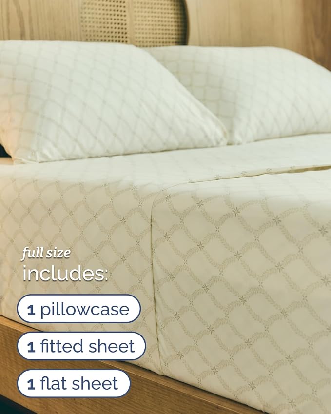 Full 4 Piece Floral Sheet Set - Soft, Breathable & Cooling - French Trellis | 1 Flat, 1 Fitted & 2 Pillowcases w/ Deep Pockets, Boho Botanical Floral Bedding, Breathable & Cooling, Wrinkle & Fade Free