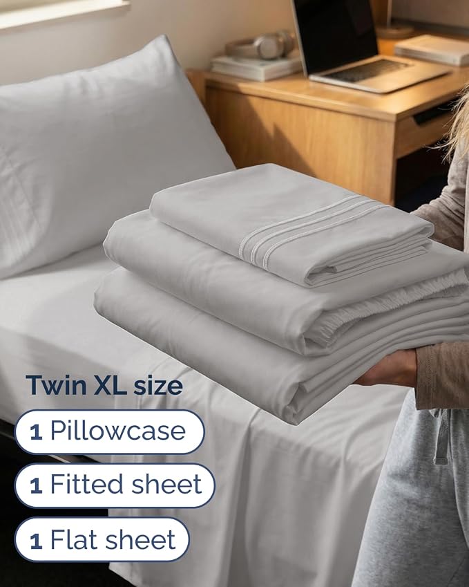 Twin XL 3 Piece Sheet Set - College Dorm Room Essentials - French Grey | Deep Pocket Bed Sheets for Women, Men, Teens & Students, Soft, Cooling, Breathable & Wrinkle Free, Oeko-Tex Bed Sheet Set