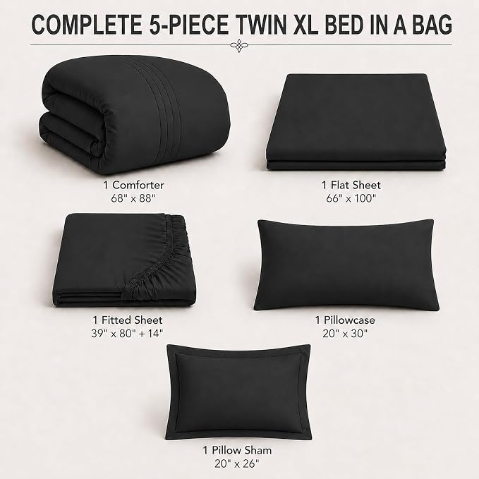 Twin XL Comforter Set, Ultra-Soft Bed in a Bag Twin XL Size 5 Pieces, Dorm Room Essentials for Boys, Bedding Set with Down Alternative Comforter, Sheets, Pillowcases & Shams, Black