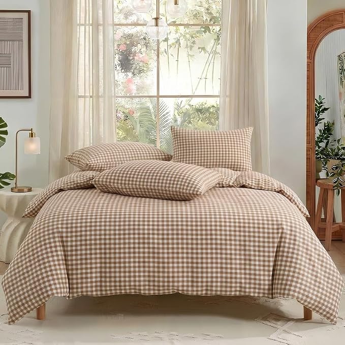 NEXHOME PRO Tan Gingham Duvet Cover Twin, 100% Washed Cotton Like Linen Feel Organic Natural Bedding Set 3 Piece Brown Vintage Plaid Checkered Comforter Cover Set (No Comforter) 6890
