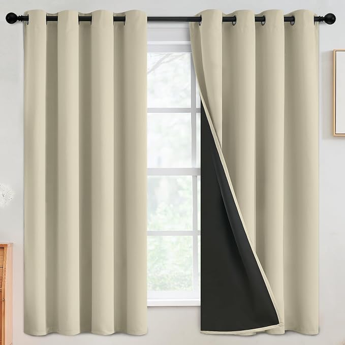 SimpleHome Light Cream 100% Blackout Curtains Room Darkening Living Room 63 | Curtains for Bedroom,Thermal Insulated Grommet Window Drapes,Curtains for Living Room with Black Back,52 x 63 Inch,2 Panels