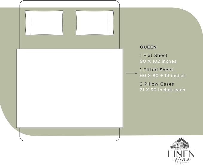 Linen Home 100% Cotton Percale Sheets Queen Size, Sage, Deep Pocket, 4 Pieces Set - 1 Flat, 1 Deep Pocket Fitted Sheet and 2 Pillowcases, Crisp Cool and Strong Bed Linen