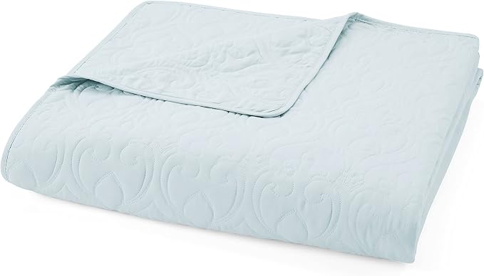 Merit Linens Classic Quilt Coverlet Soft Set in Damask Stitching - Full/Queen Pale Blue