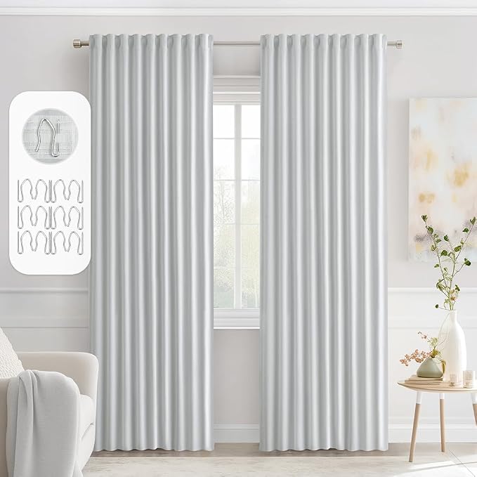 MIULEE Greyish White Back Tab Blackout Curtains 52x84 Inch Length 2 Panels | Rod Pocket Pinch Pleated, Thermal Insulated, Room Darkening, Light Blocking, Privacy Curtains for Living Room Bedroom