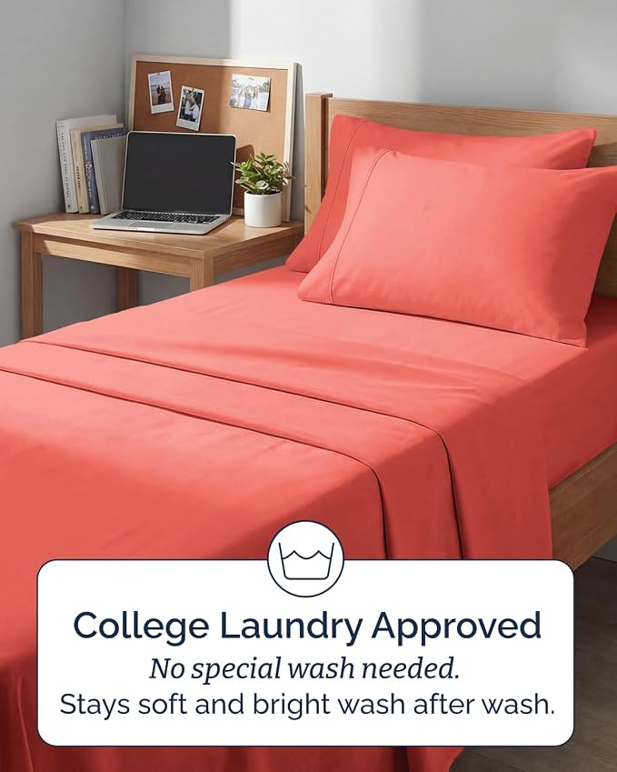 Extra Deep Twin XL Sheet Set - 4 Piece College Dorm Room - Coral | College Dorm Room Essentials, Easy & Secure Fit, Ultra-Soft, Wrinkle & Fade Free, Comfy Sheets Set with Extra Deep Pockets