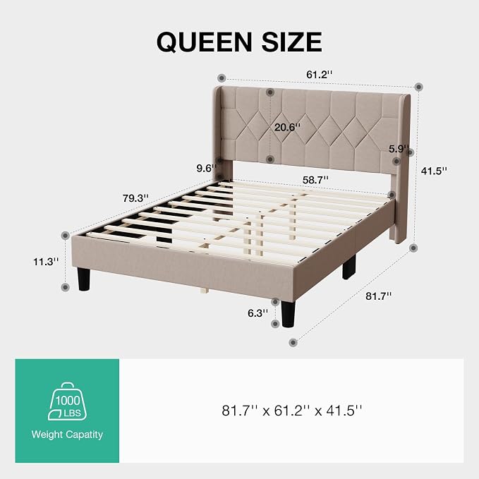 Novilla Queen Bed Frame with Headboard, Queen Size Bed Frame, Linen Upholstered Pull-Point Wing Side Headboard, No Box Spring Needed, Heavy Duty Feet, Easy Assembly, Beige