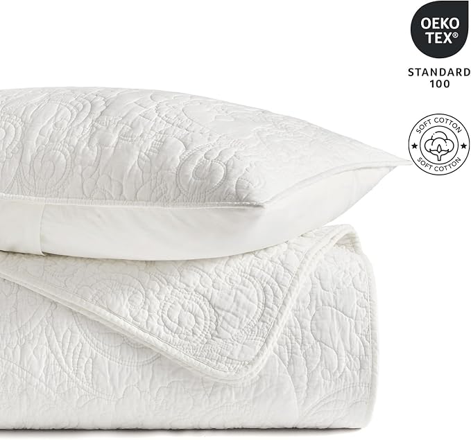 EVERGRACEHOME 100% Cotton Paisley Quilt Set, Oversized King, Bright White | Prewashed for Softness, Year-Round Breathability, Gift-Ready Box, Matelasse-style Quilted Coverlet, 3 Piece Set with 2 Shams