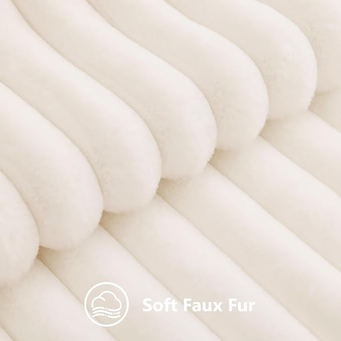 decorUhome Fall Faux Fur Throw Pillow Covers 26x26 Set of 2 Cream White | Decorative Soft Cozy Striped Plush Modern Farmhouse Boho Couch Pillow Cases Velvet Back for Sofa Bed Living Room Home Decor