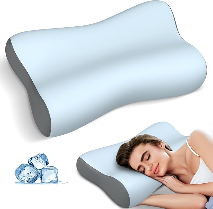 Cervical Neck Pillow, Contour Memory Foam Pillows for Neck Pain Relief, Ergonomic Pillow for Sleeping, Orthopedic Bed Pillow Neck Support Pillow for Side Back Stomach Sleepers(Blue&Grey)