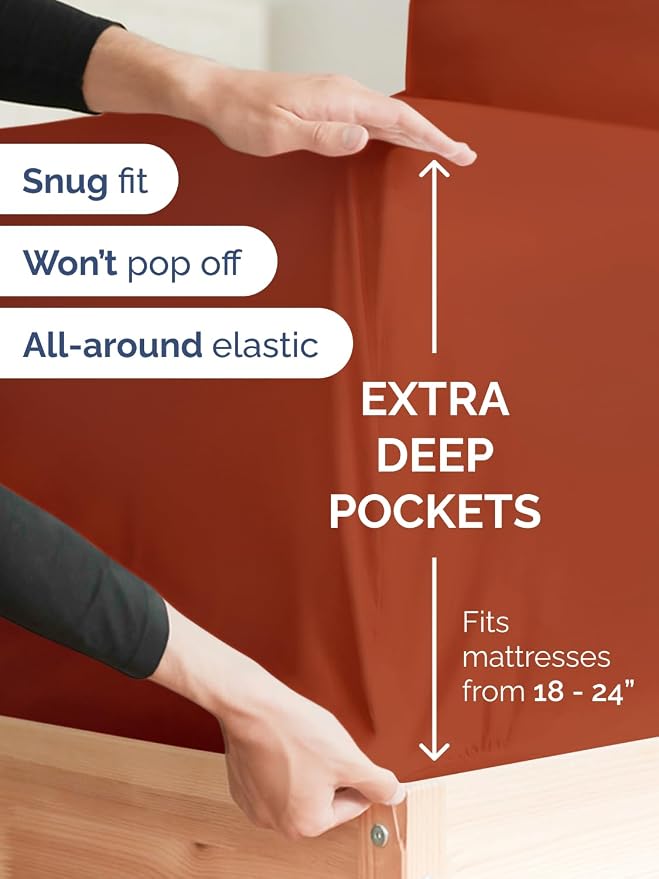 Extra Deep Queen Sheet Set - 6 Piece Breathable Cooling Sheets - Terracotta | Hotel Luxury Bed Sheets Set, Easy & Secure Fit, Ultra-Soft, Wrinkle & Fade Free, Comfy Sheets Set with Extra Deep Pockets