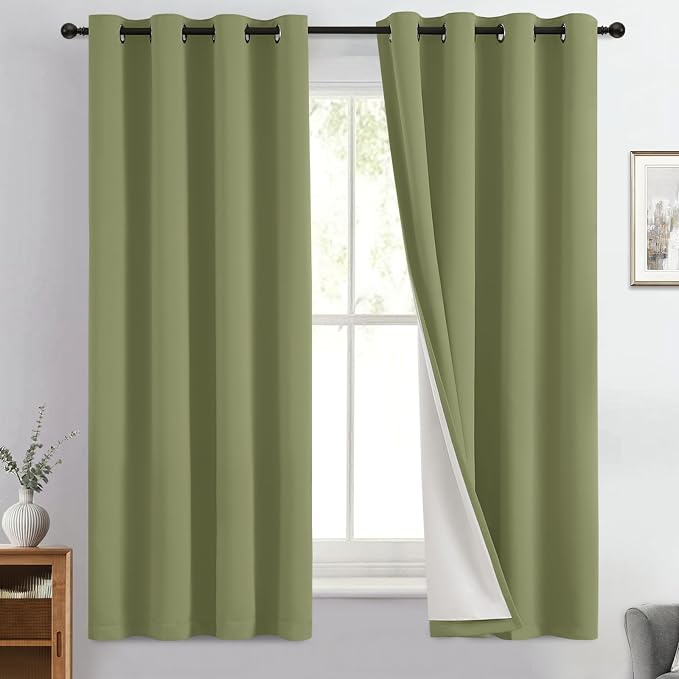 Yakamok Sage Blackout Curtains 63 Inches Long for Bedroom 50" Wide 2 Panel | Blackout Curtain Panels for Bedroom, 2 Thick Layers Grommet Top Thermal Insulated Drapes with White Back for Living Room