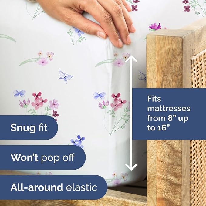 Split King 5 Piece Floral Sheet Set - Soft, Breathable & Cooling - Posy | 1 Flat, 2 Fitted & 2 Pillowcases w/ Deep Pockets, Boho Botanical Floral Bedding, Breathable & Cooling, Wrinkle & Fade Free