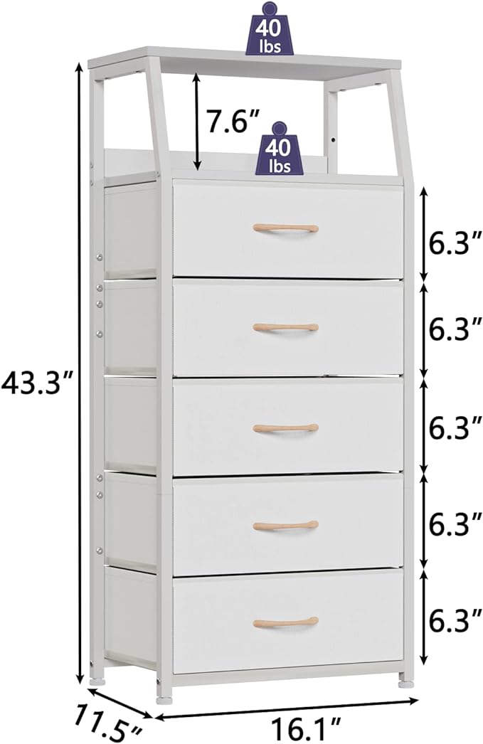 Furnulem White Tall Dresser for Bedroom, 5 Fabric Bins Tall Nightstand | Dorm Dresser, Vertical Storage for Closet, Chest of Drawer for Entryway, Nightstand Bedside Table, Metal Frame,Wood Top