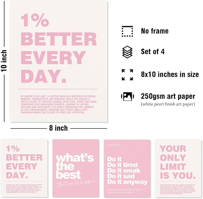 DSHFG Pink Motivational Inspirational Office Wall Art Decor Prints 4Pcs | Pink Office Motivational Wall Decor Trendy Retro Positive Affirmations Quotes Wall Decor Posters, 8x10 Unframed
