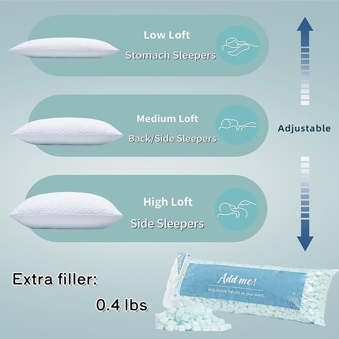 Queen Size Bed Pillow for Sleeping Shredded Memory Foam Adjustable Loft Pillows with Cooling Washable Pillow Case, 20x30 inches (White, Queen 1-Pack)