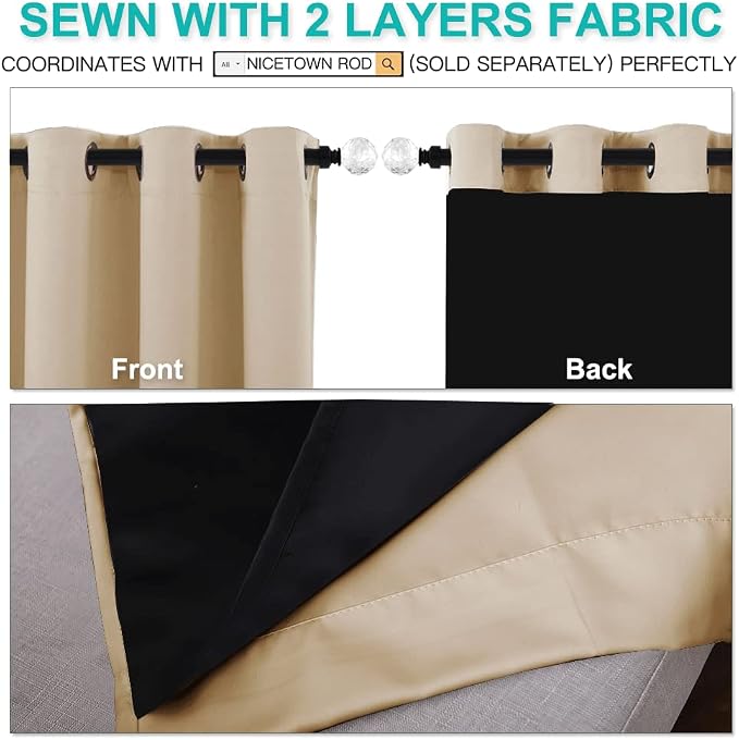 NICETOWN Biscotti Beige Curtains for Living Room 62" w x 84" L 2 Panels | Completely Shaded Draperies Ring Top Drapes Black Lined Insulated Window Treatment Panels, Privacy Protection Noise Reducing