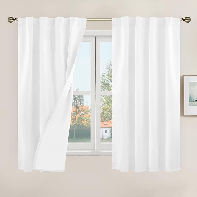 100% Blackout White Linen Curtains 48 Inches Long for Kitchen | Linen Textured, Short Window Curtains, Full Room Darkening Drapes, Rod Pocket Back Tab, White Liner, 2 Panels, 34 x 48 Inch