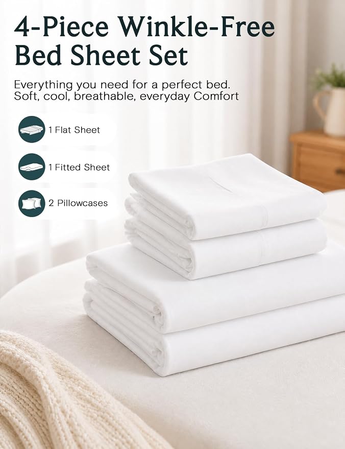 LuxClub Full Size Sheets, Cooling & Soft Deep Pocket Bed Sheets, 4PC | LuxClub Silky Fitted Sheet & Pillowcase Sets, Breathable Hotel Luxury Bedding for Mattress Wrinkle Free, White
