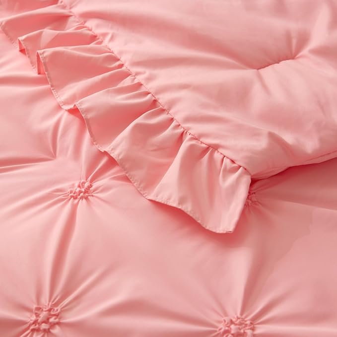 BEDELITE Twin Comforter Set Ruffle-Pink,Lightweight & Soft Comforter | Pintuck Boho Bedding, Warm & Cute Bed Set for All Season,With 1 Pillowcase