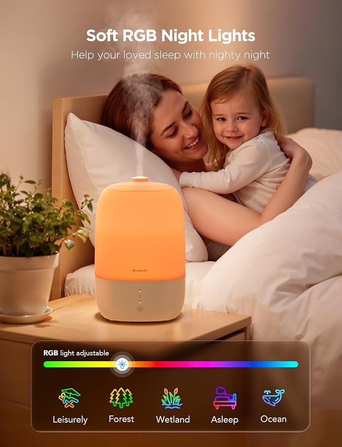 GoveeLife Smart Humidifiers for Bedroom, 3L Top Fill Cool Mist Humidifier | 24dB Quiet Runtime, Humidity Control, Easy to Clean, 25H Lasting, RGB Night Light for Baby, Plants, Works with Alexa