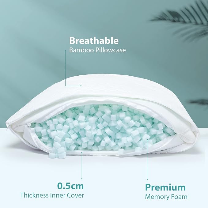 Shredded Memory Foam Pillows for Sleeping, Adjustable Pillows King Size Set of 2, Good for Side, Back Sleeper with Washable Cooling Cover (White, King 2-Pack)
