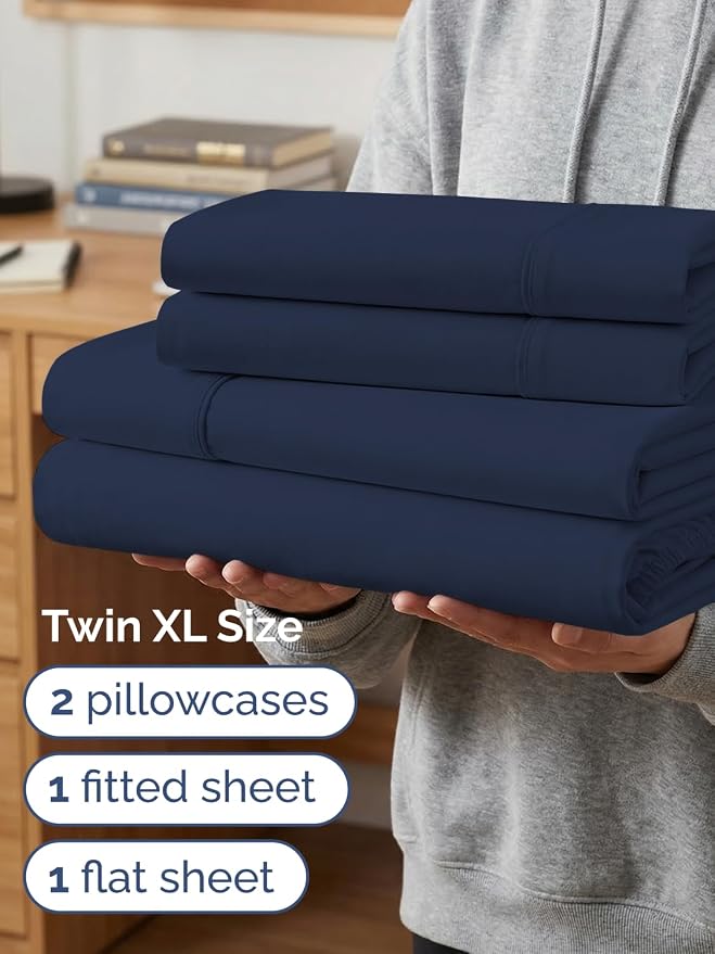 Extra Deep Twin XL Sheet Set - 4 Piece College Dorm Room - Navy Blue | College Dorm Room Essentials, Easy & Secure Fit, Ultra-Soft, Wrinkle & Fade Free, Comfy Sheets Set with Extra Deep Pockets