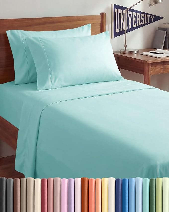 Twin XL 4 Piece Sheet Set - College Dorm Room Essentials - Spa Blue | Ultra Soft Dorm Bedding Set, 8" to 16" Inch Deep Pockets, 1 Flat & 1 Fitted Sheet & 2 Pillowcases, Wrinkle & Fade Free