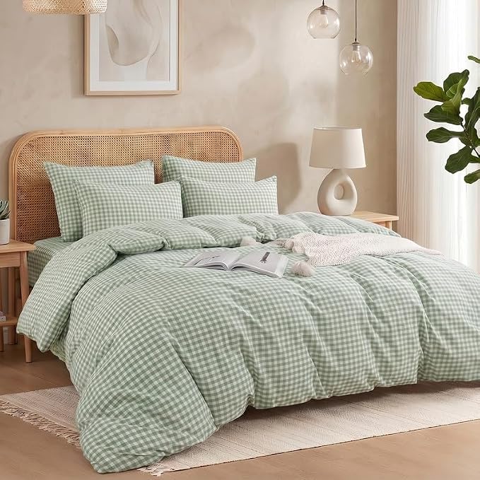 NEXHOME PRO Green Gingham Duvet Cover King, 100% Washed Cotton Like Linen Feel Organic Natural Bedding Set 3 Piece Sage Vintage Plaid Checkered Comforter Cover Set (No Comforter) 10490
