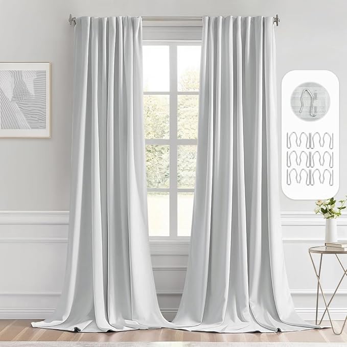 MIULEE Greyish White Back Tab Blackout Curtains 52x120 Inch Long 2 Panels | Rod Pocket Pinch Pleated, Thermal Insulated, Bedroom Living Room Darkening Privacy Drapes, Extra Long Light Blocking Curtains