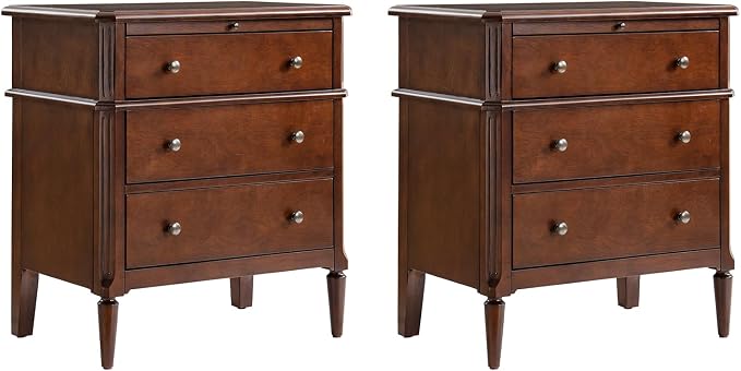 HULALA HOME 30 Inches Side Table with Charging Station, Set of 2, Walnut | Spindle Legs, Hidden Drawer, Pull-Out Tray, Built-In Outlet, Chamfered Edges, Adjustable Feet, Transitional Style