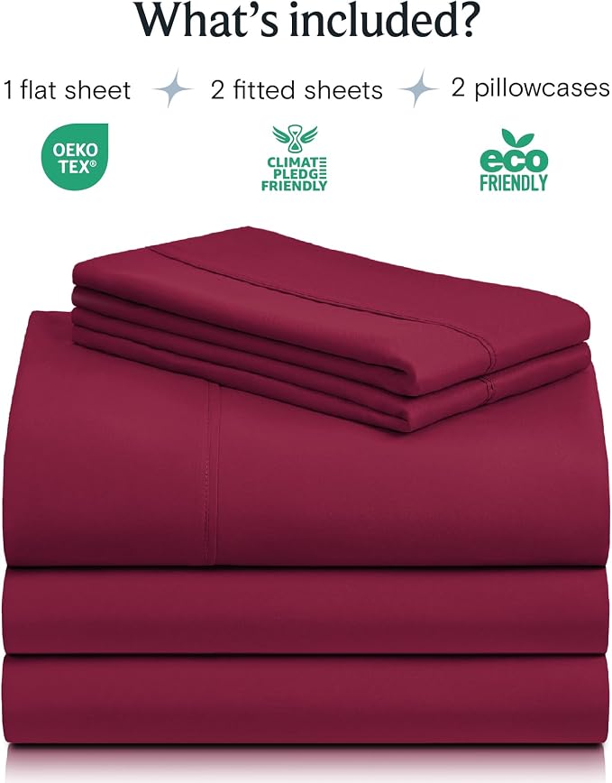 LuxClub 7 PC Split King Sheet Set Bed Sheets Deep Pockets 18" Eco Friendly Wrinkle Free Cooling Sheets Machine Washable Hotel Bedding Silky Soft - Burgundy Split King | LuxClub Silky Fitted Sheet & Pillowcase Sets, Breathable Hotel Luxury Bedding for M...