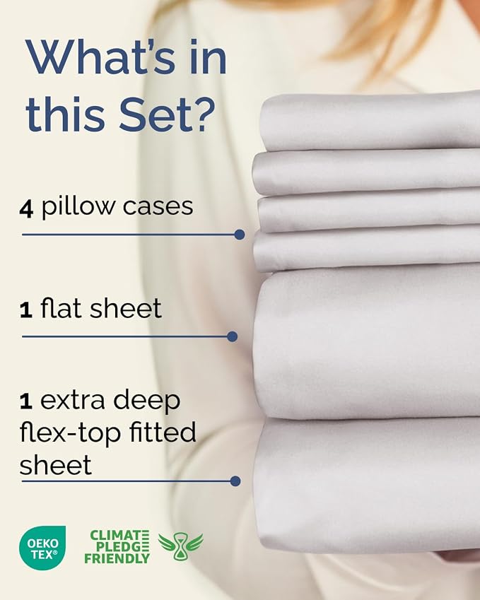 Extra Deep Flex Top Split Head King Sheet Set - 6 Piece Breathable and Cooling Sheets - Hotel Luxury Bedding for Women, Men, Kids & Teens - Easy Secure Fit - Extra Deep Pockets - French Grey