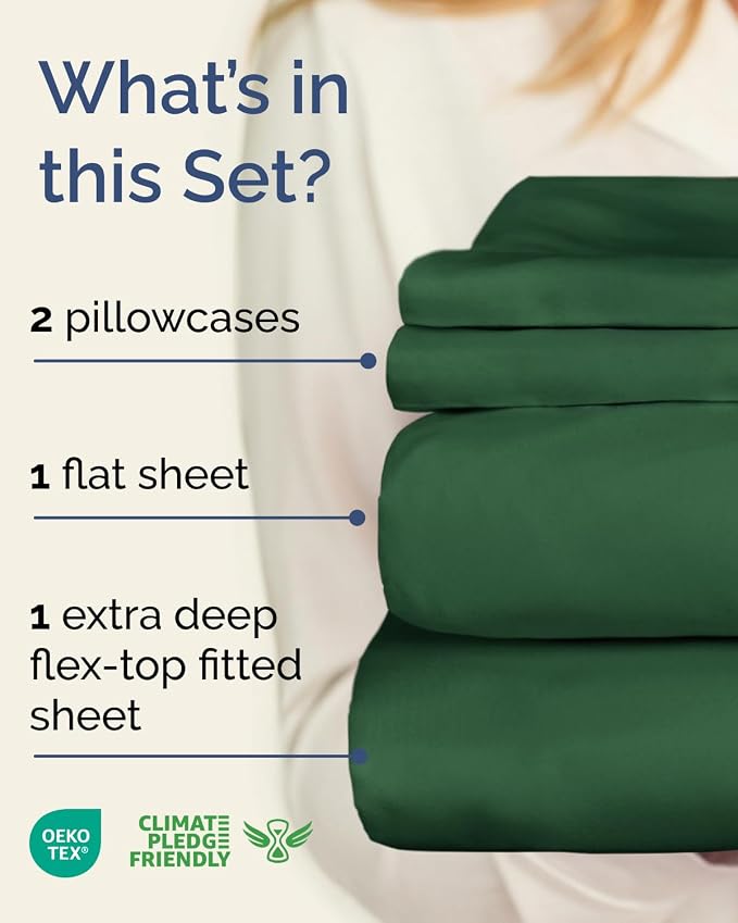Flex Top Split Head King Sheet Set - 4 Piece Extra Deep - Emerald Green | Easily Fits 18 to 24 inch Mattress, Ultra Soft, Wrinkle & Fade Free with Extra Deep Pockets, Comfy Hotel Luxury Bedding