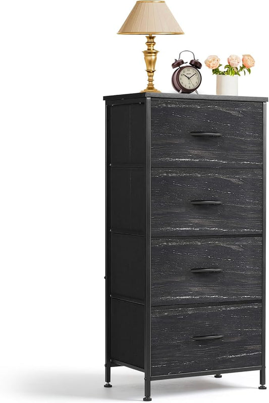 4 Drawers Dresser for Bedroom Fabric Storage Tower with Wooden Top | Steel Frame Tall Chest of Drawers for Closet, Entryway, Dorm, Charcoal Black