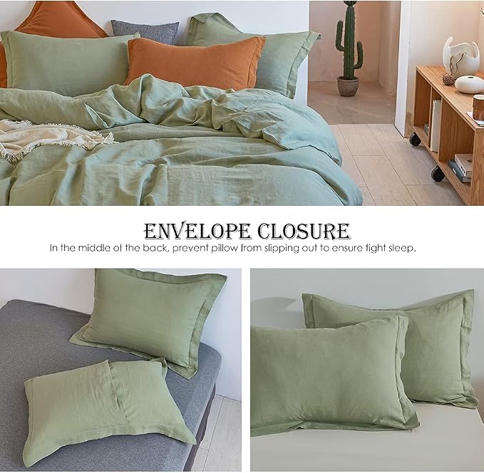 Simple&Opulence 100% Linen Duvet Cover Set 3pcs Basic Style Natural French Washed Flax Solid Color Soft Breathable Farmhouse Bedding with Button Closure - Sage Green, Full